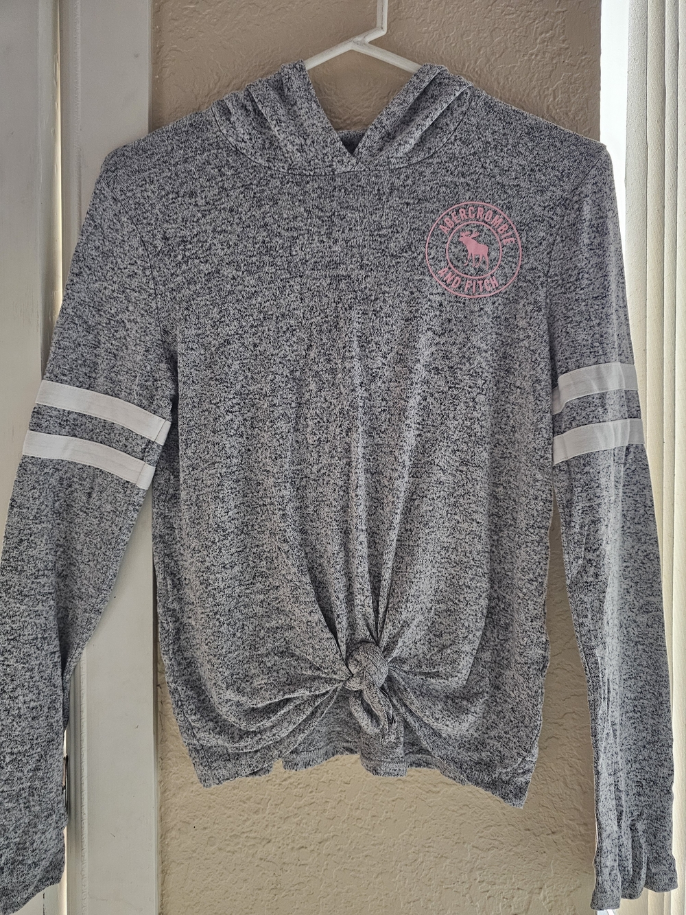 Abercrombie & Fitch Heather Gray Hoodie with Pink Logo and Front Knot With Ties